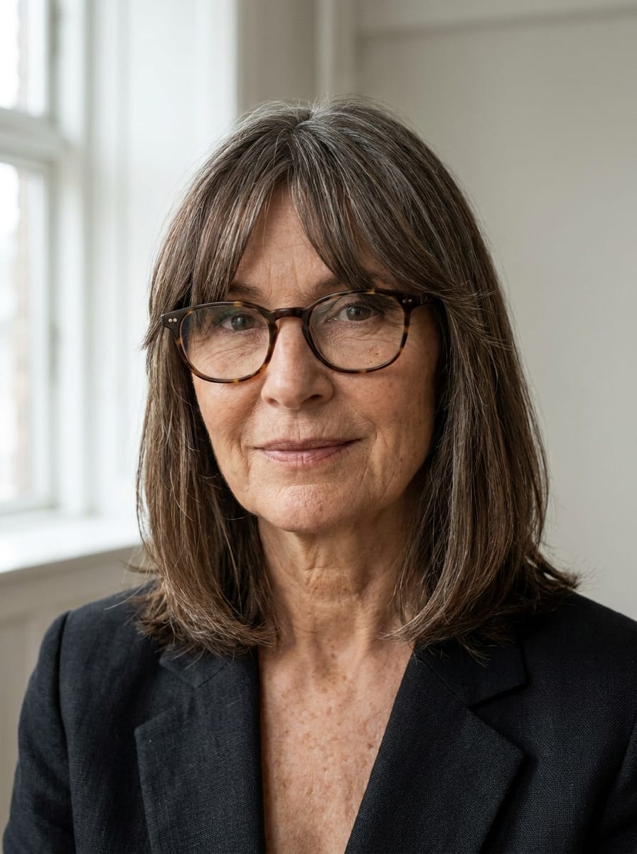Frisur ab 60 mit Brille und Curtain Bangs - Frisur ab 60 mit Brille